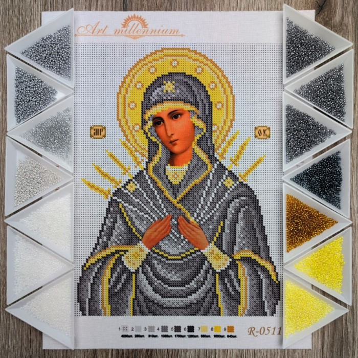 N-0511 Богородиця Семистрільна (срібно-золота) А4. Набір з бісером