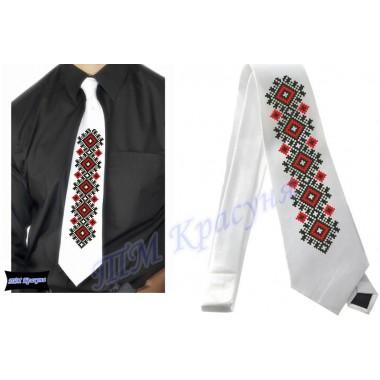 Заготовка чоловічого галстука під вишивку бісером “Червоно-чорний орнамент“ (білий)