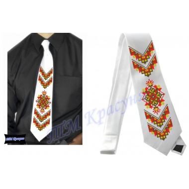 Заготовка чоловічого галстука під вишивку бісером “Слов'янський орнамент“ (білий)