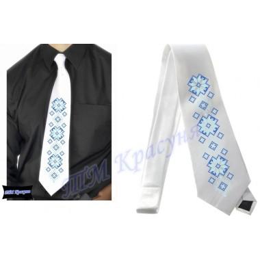 Заготовка чоловічого галстука під вишивку бісером “Синій орнамент“ (білий)