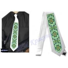 Заготовка чоловічого галстука під вишивку бісером “Зелений орнамент“ (білий)