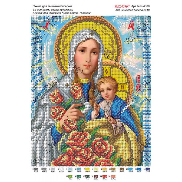 Схема ікони для вишивки бісером "По мотивам А.Охапкина «Божа Мати. Троянди»"